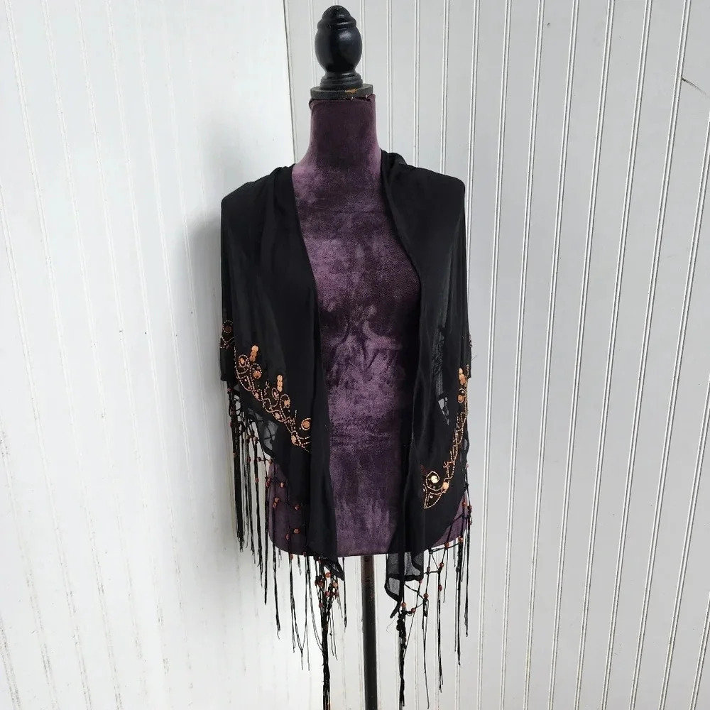 Vtg Black Triangle Seer Sequin Shawl Wrap Scarf Fringe Cover Up Evening 43" 66"
